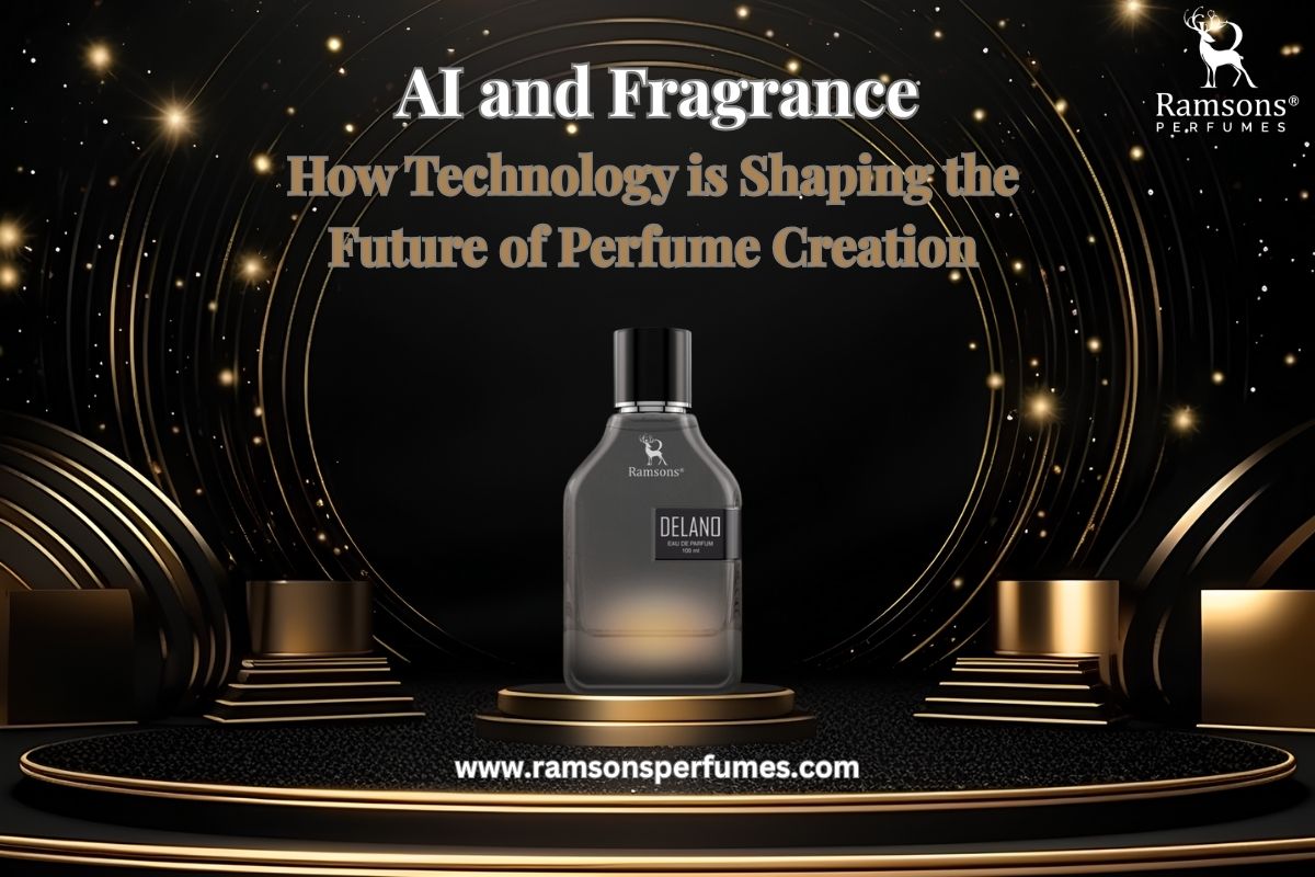Ramsons Delano perfume with AI-themed backdrop highlighting technology's role in future fragrance creation.