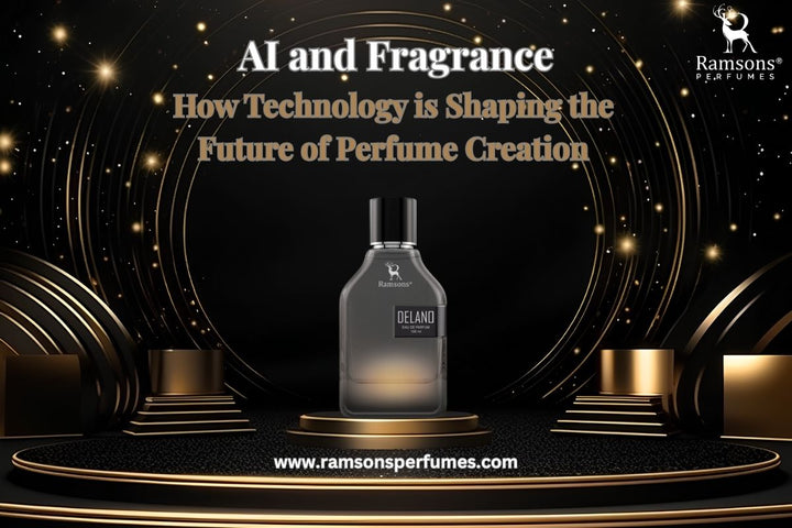 Ramsons Delano perfume with AI-themed backdrop highlighting technology's role in future fragrance creation.