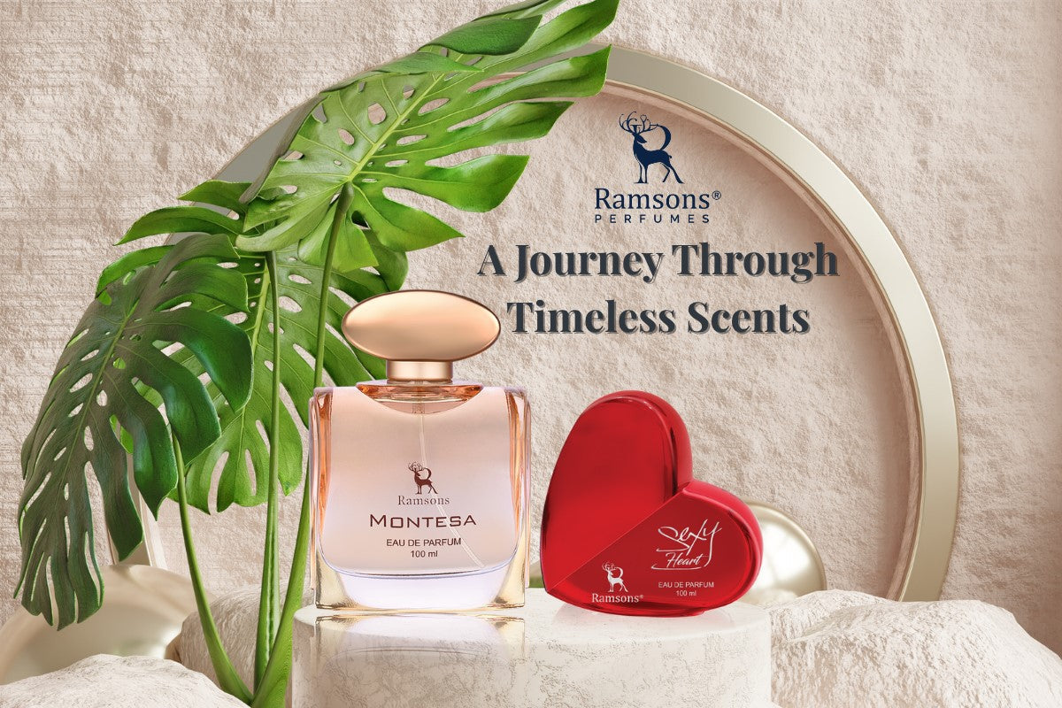 Ramsons Montesa and Sexy Heart perfumes with tropical leaves and 'A Journey Through Timeless Scents' tagline in background.