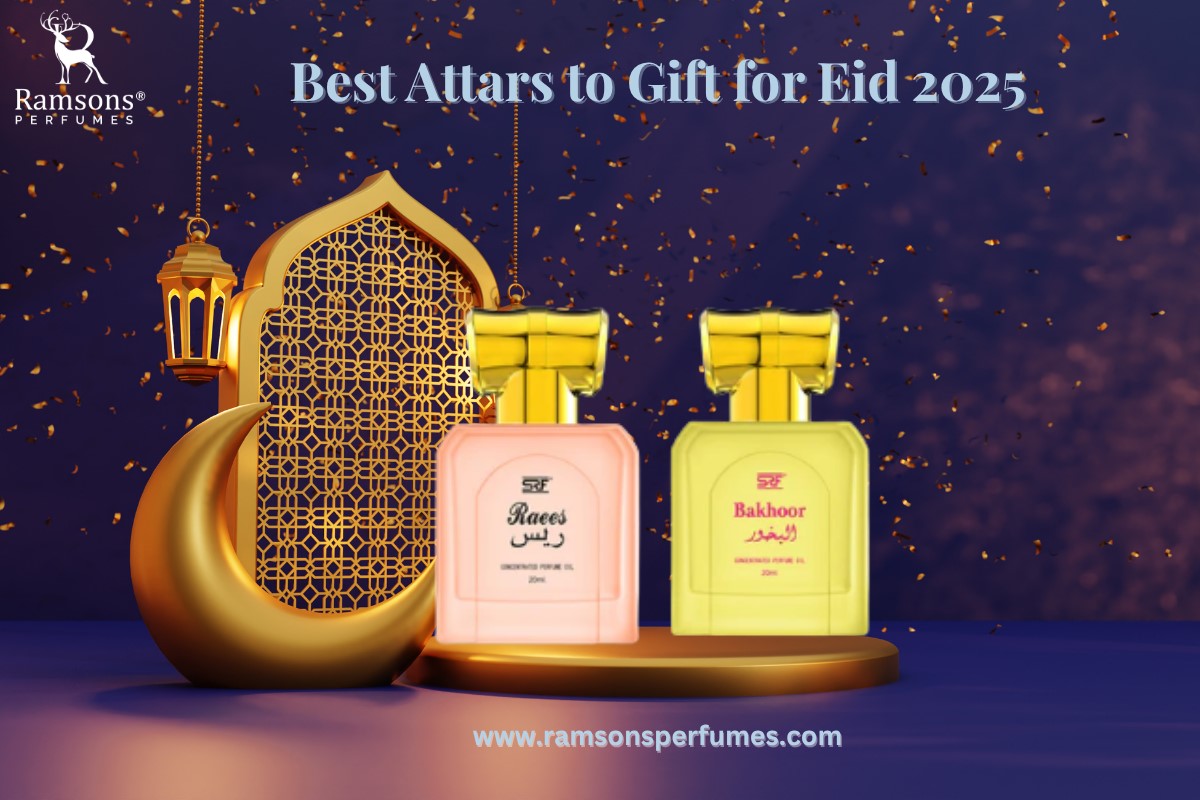 Ramsons Perfumes attars Raees and Bakhoor – best Eid 2025 gift idea with festive Islamic decor and crescent moon.
