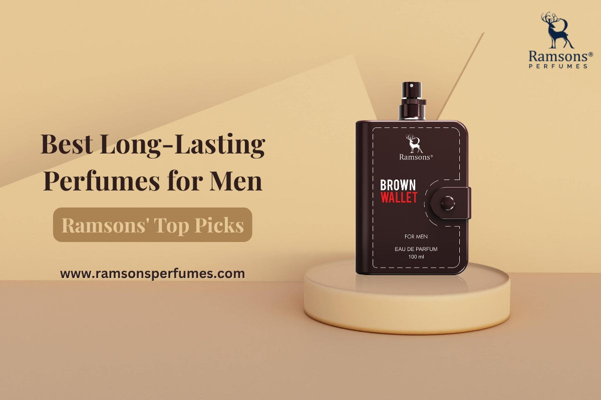 Ramsons Brown Wallet perfume for men showcased as a top long-lasting fragrance on a beige background.