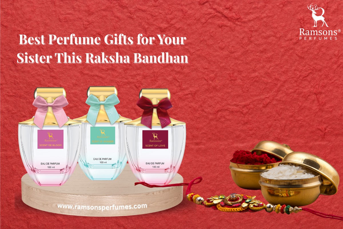 Best perfume gifts for sister on Raksha Bandhan featuring Ramsons perfumes with festive rakhi and roli chawal setup.