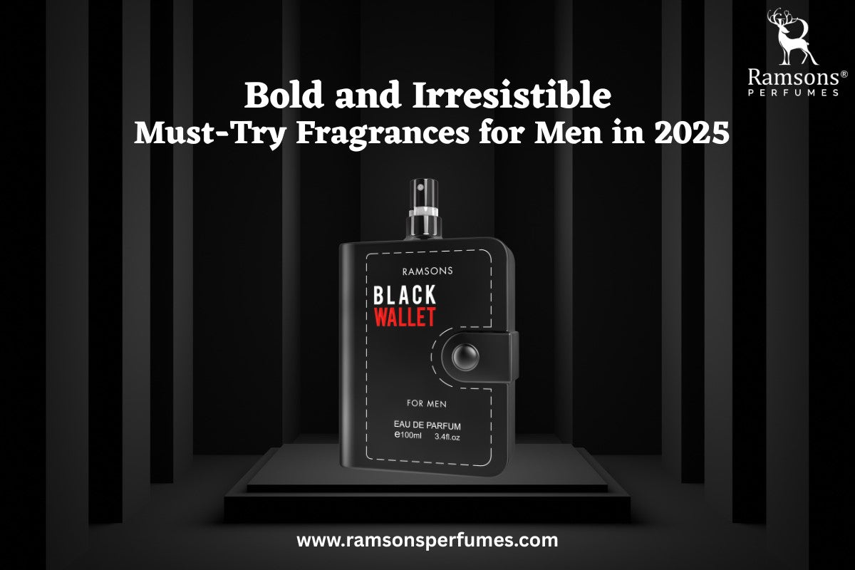 Ramsons Black Wallet perfume for men – bold, must-try fragrance in 2025, showcased on a sleek black display.