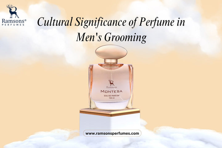 Ramsons Montesa Eau De Parfum bottle with gold cap, highlighting cultural importance in men's grooming on a cloud background