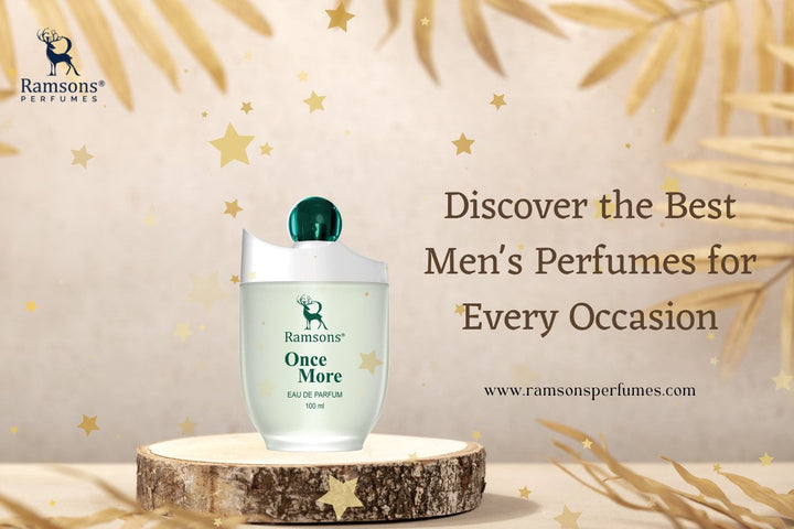 Ramsons Once More bottle display promoting the best men's perfumes for every occasion with elegant background.