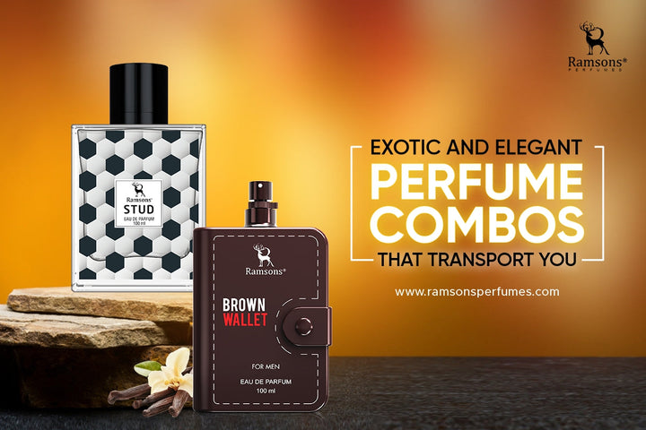 Perfume combo featuring Ramsons Stud and Brown Wallet Eau de Parfum for men, promoting exotic and elegant fragrances