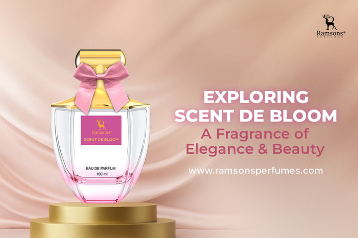 Ramsons Scent De Bloom perfume bottle with a pink bow, gold cap, and elegant pink-white design on a soft beige luxury background