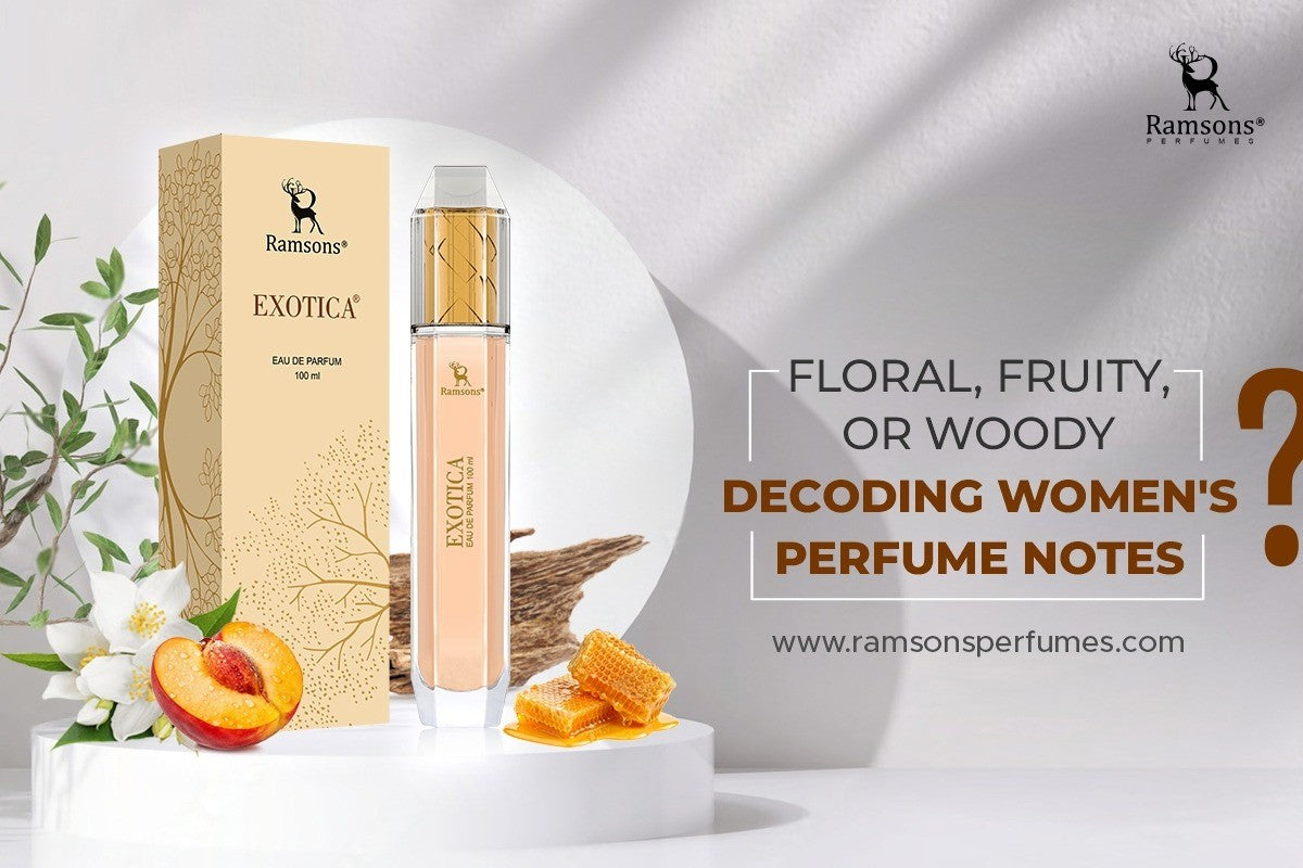 Ramsons Exotica Eau de Parfum 100ml - decode floral, fruity, or woody perfume notes with an elegant gold and beige design.