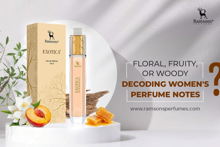 Ramsons Exotica Eau de Parfum 100ml - decode floral, fruity, or woody perfume notes with an elegant gold and beige design.