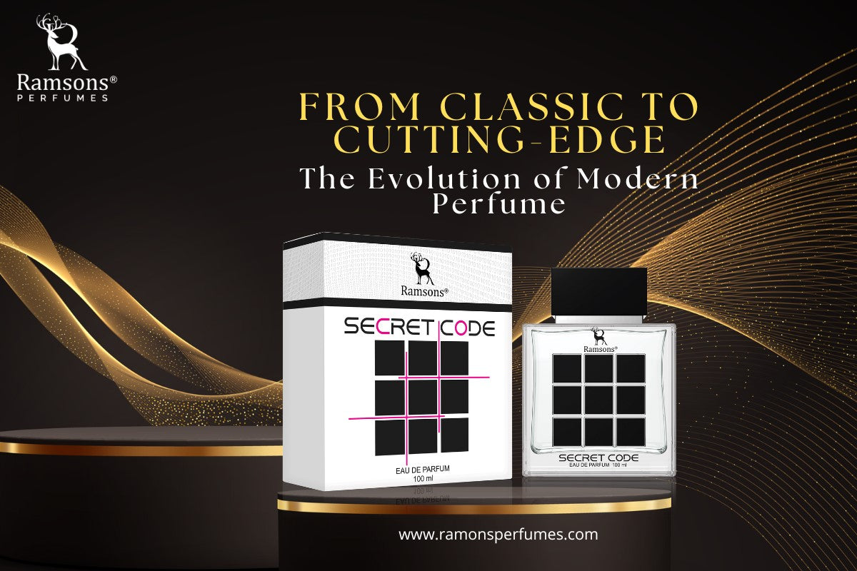 Ramsons Secret Code Perfume with packaging on a black and gold stage, featuring the tagline 'From Classic to Cutting-Edge'