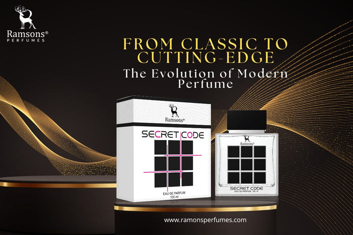 Ramsons Secret Code Perfume with packaging on a black and gold stage, featuring the tagline 'From Classic to Cutting-Edge'