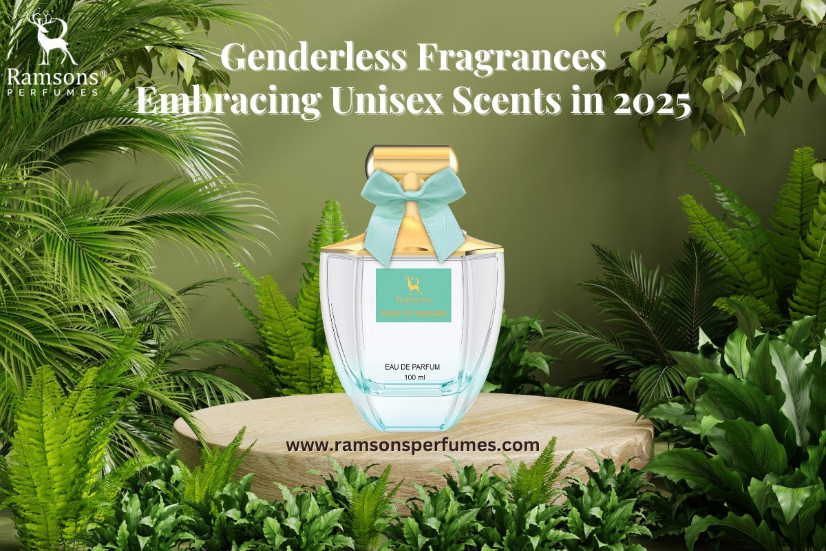 Ramsons Scent of Wonder unisex perfume bottle displayed in a lush green setting promoting genderless fragrances in 2025.