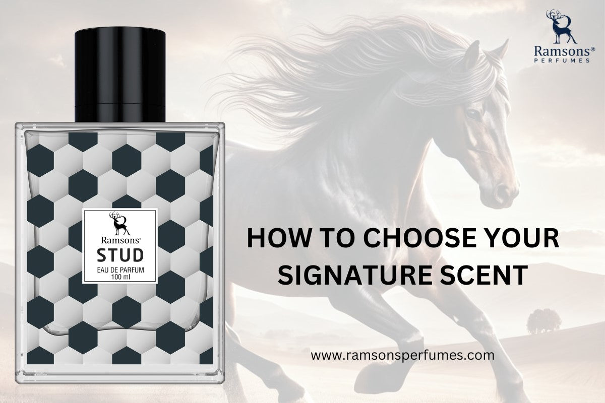 Ramsons Stud 100ml Eau de Parfum bottle with horse background and text: "How to choose your signature scent.