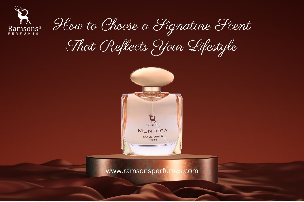 Ramsons Montesa Eau de Parfum 100 ml bottle on a bronze pedestal against a rich brown backdrop.