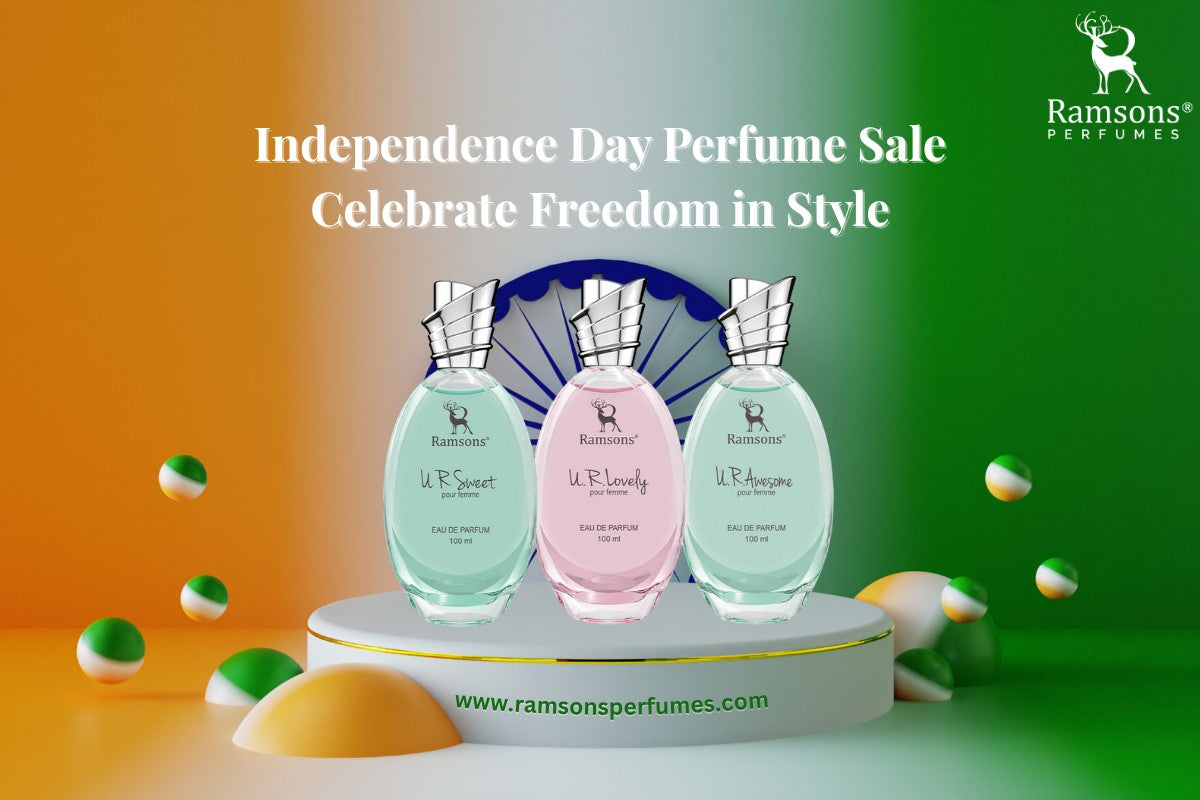 Ramsons Perfumes Independence Day Sale with U R Sweet, U R Lovely, and U R Awesome fragrances on tricolor background