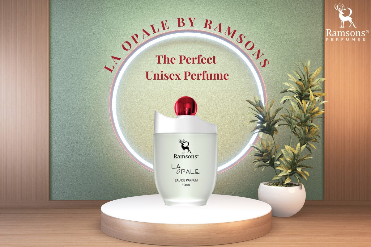 La Opale by Ramsons – elegant unisex perfume bottle on display with modern background and spotlight