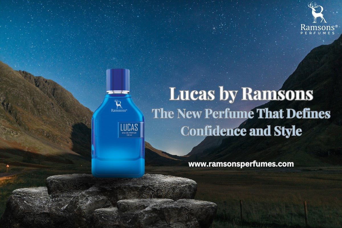 Lucas by Ramsons perfume bottle on rock under starry sky, symbolizing confidence and style.