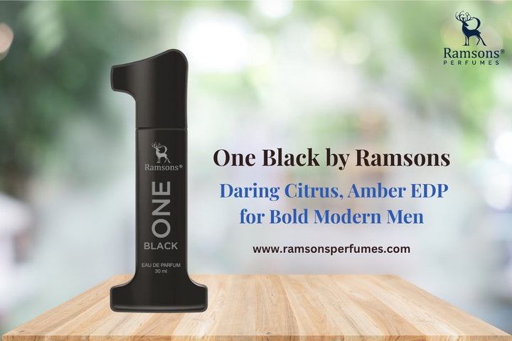 Ramsons One Black perfume bottle for men with citrus and amber notes, displayed on a wooden surface.
