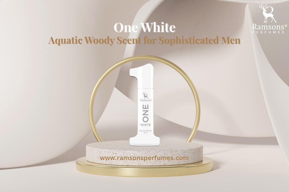Ramsons One White perfume bottle on display with text "Aquatic Woody Scent for Sophisticated Men" and website link.