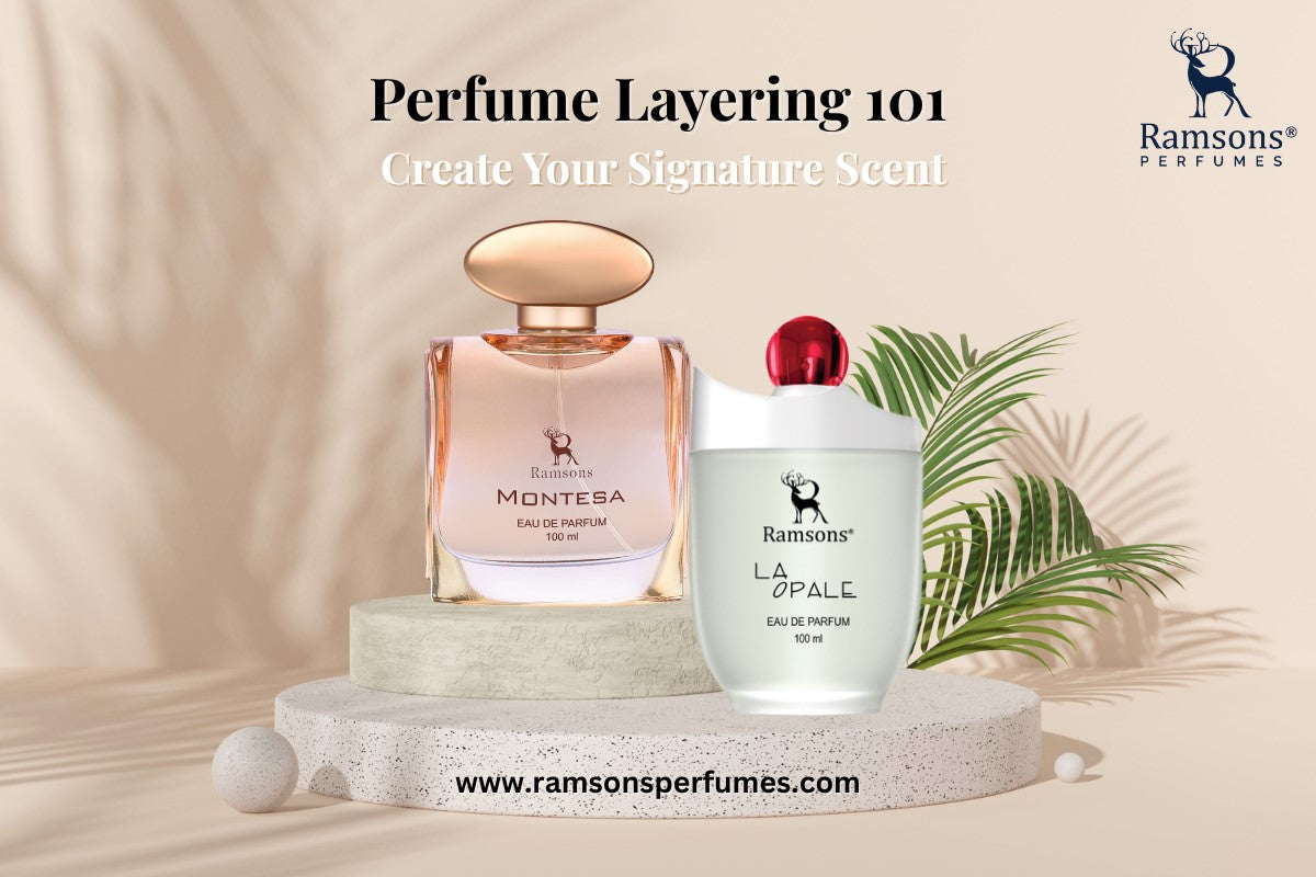 Ramsons Perfumes Montesa and La Opale bottles displayed for perfume layering and signature scent creation.
