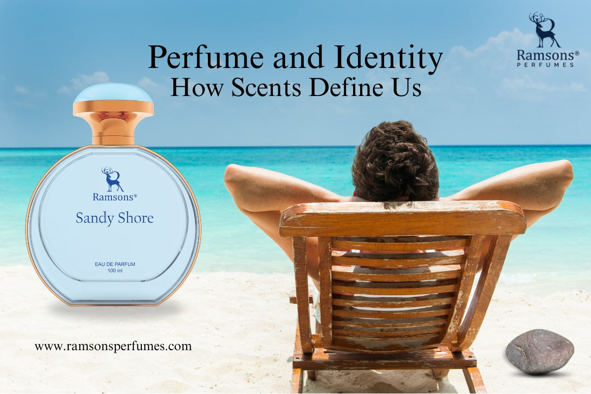 Man relaxing on a beach with Ramsons Sandy Shore perfume bottle, representing identity through scent.