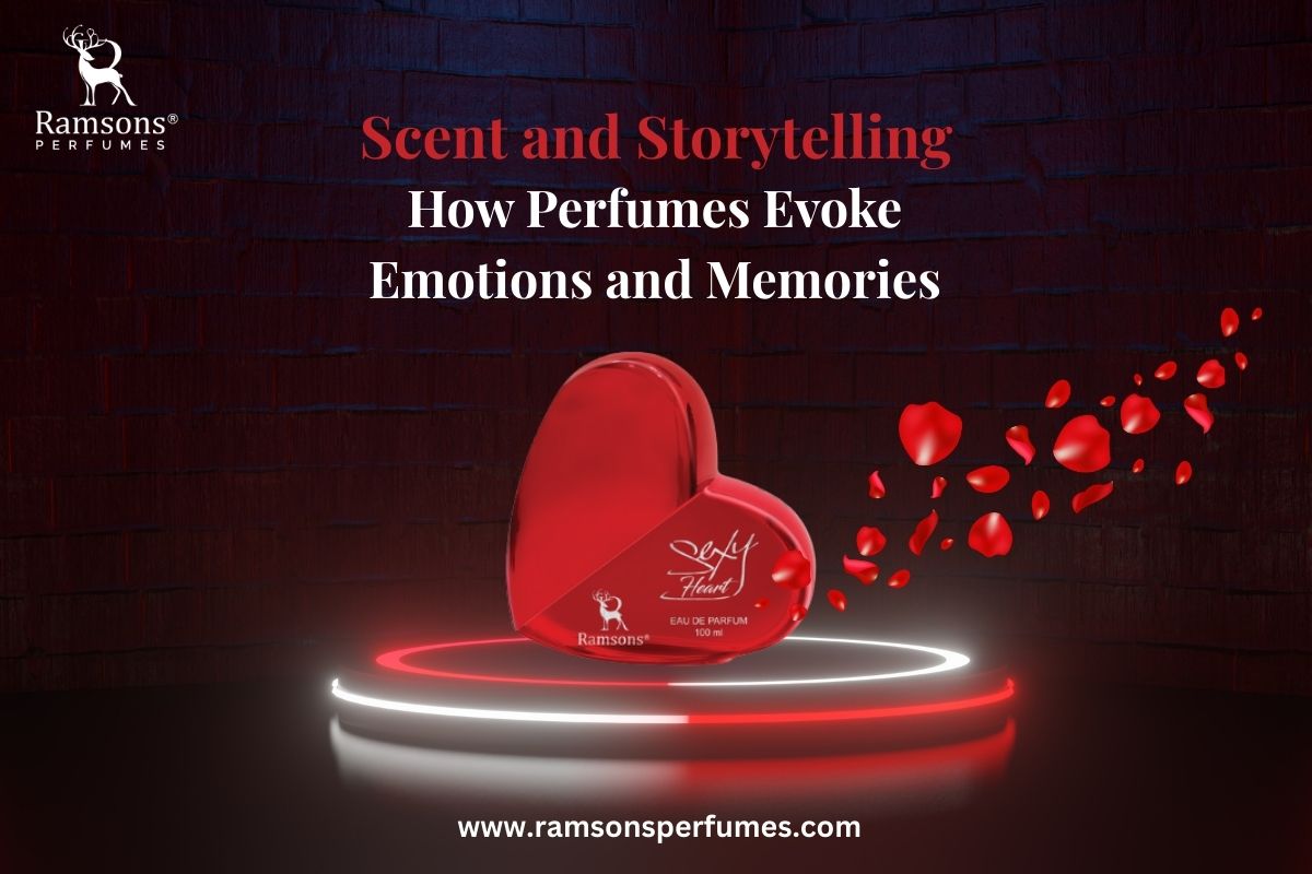 Red heart-shaped Ramsons Sexy Heart perfume bottle with rose petals and text about how scents evoke emotions and memories.