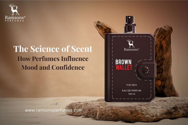 Ramsons Brown Wallet perfume bottle with text highlighting how scents influence mood and confidence.