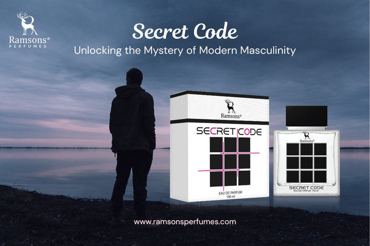 Silhouette of a man at a lakeside sunset beside Ramsons Secret Code eau de parfum bottle and box with branding.