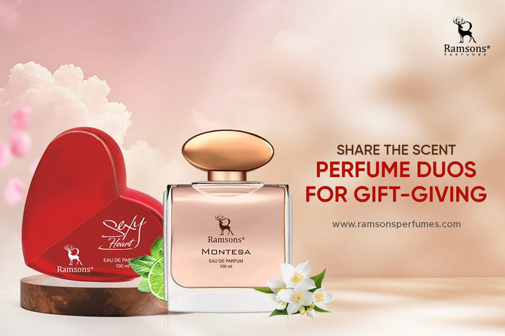 Ramsons Perfumes gift duo featuring a heart-shaped sexy heart and montesa perfume bottle, perfect for sharing scents and special moments.
