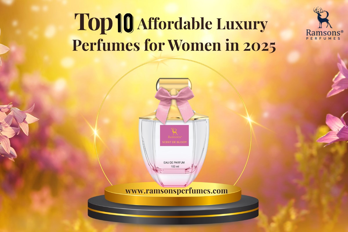 Top 10 affordable luxury perfumes for women in 2025 featuring Ramsons Scent De Bloom bottle on golden background