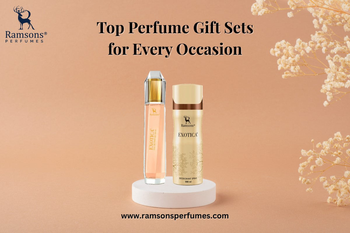 Ramsons Exotica perfume and deodorant gift set displayed on pedestal with floral accents, perfect for elegant gifting.