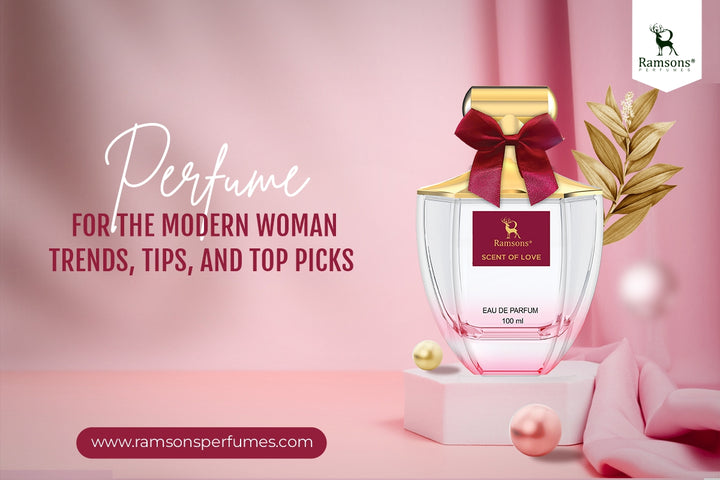 Perfume bottle 'Scent of Love' by Ramsons, with pink background, gold accents, and text providing tips and trends for modern women