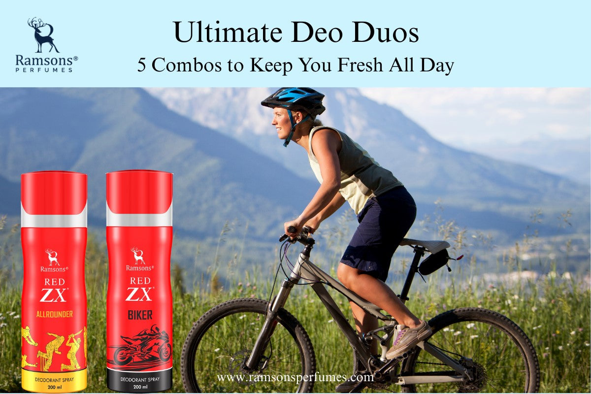 Woman cycling outdoors with Ramsons Red ZX deodorants, promoting freshness with "Ultimate Deo Duos" combo