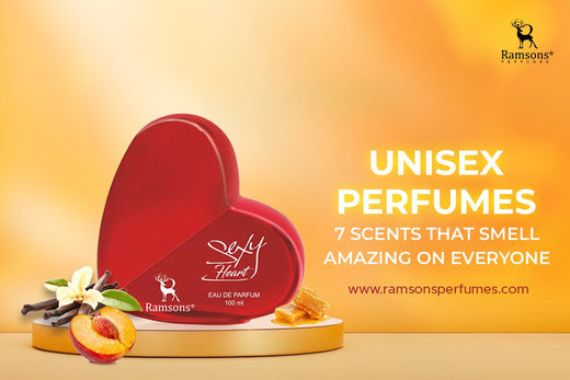 Unisex perfumes by Ramsons: Sext Heart scent in heart-shaped bottle, accompanied by a text "7 scents  that smell amazing on everyone". Shop now at ramsonsperfumes.com.