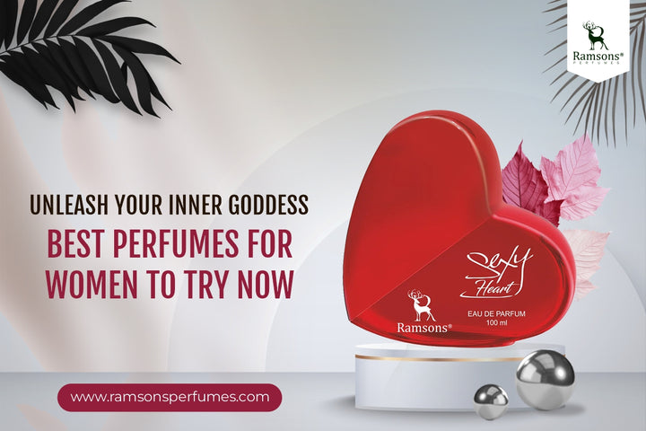 Ramsons Sexy Heart perfume for women in a red heart-shaped bottle, promoting elegance and confidence with floral accent