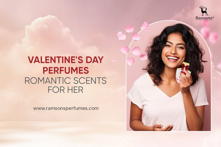 Smiling woman holding a perfume bottle with romantic pink petals, promoting Valentine's Day perfumes for her by Ramsons Perfumes.