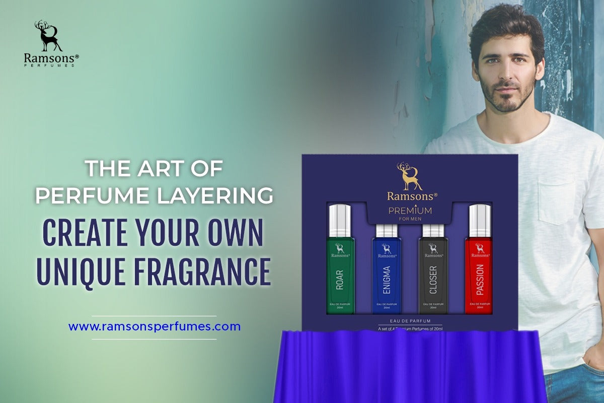 The Art of Perfume Layering by Ramsons Perfumes Premium for Men: four scents—Roar, Enigma, Closer, and Passion.