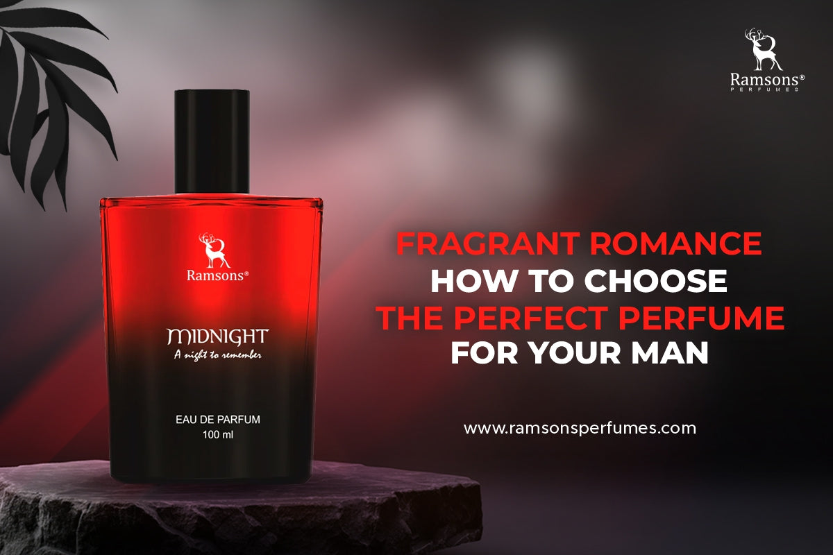 Ramsons Midnight perfume bottle on a dark background with red lighting. Text: 'Fragrant Romance – How to Choose the Perfect Perfume.