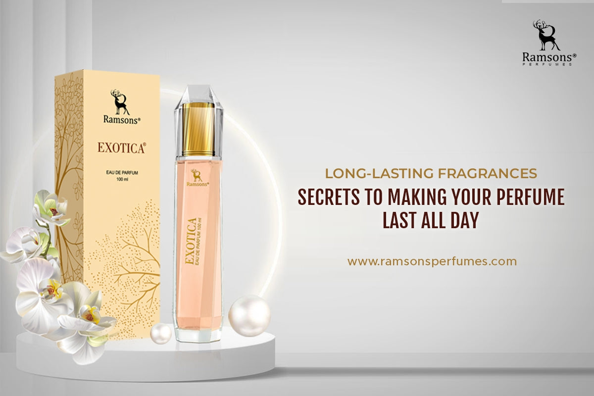 Ramsons Exotica perfume bottle and packaging with floral decor, promoting long-lasting fragrances and perfume longevity tips