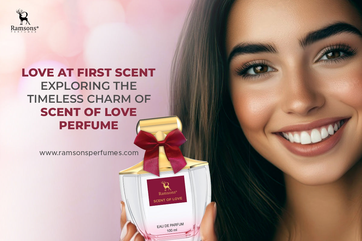 Smiling woman beside Ramsons Perfumes Scent of Love, a pink-hued Eau de Parfum bottle with a red bow.