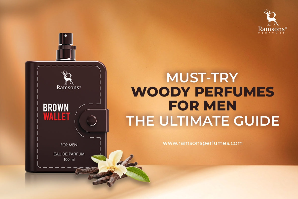 Ramsons Brown Wallet perfume bottle for men, designed like a wallet, with woody fragrance elements and promotional text