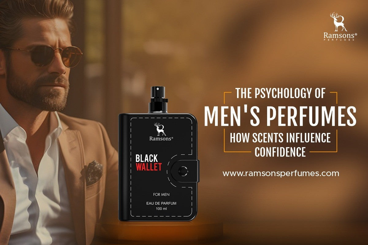 Stylish man with sunglasses beside Ramsons Black Wallet perfume, highlighting the psychology of men's scents and confidence.