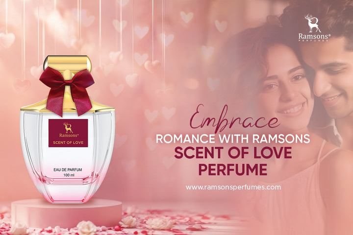 "Ramsons Scent of Love perfume ad featuring a romantic couple, a heart-themed background, and a perfume bottle with a red bow.