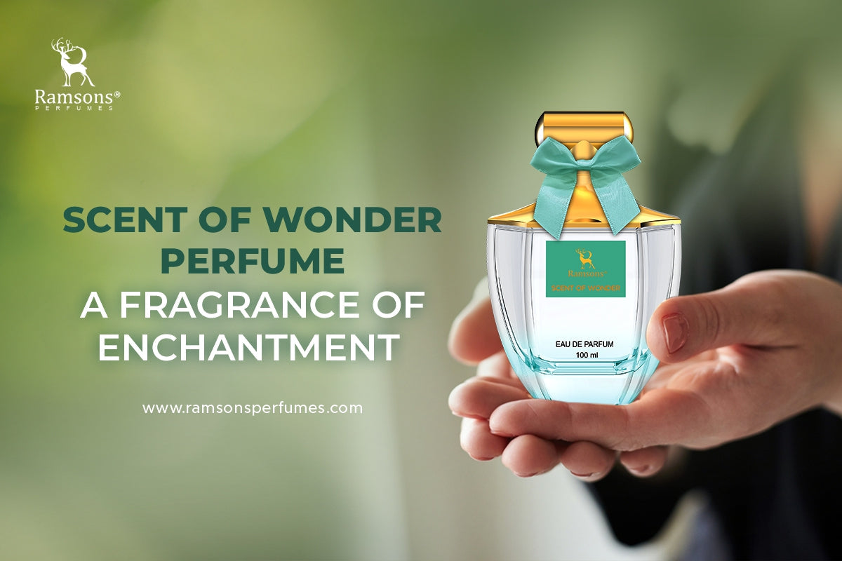 Ramsons Scent of Wonder Perfume bottle with a gold cap and blue bow, held in hands, with text promoting its enchanting fragrance.