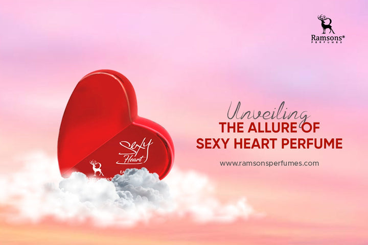 Red heart-shaped perfume bottle of 'Sexy Heart' by Ramsons, floating on clouds with a pink sky background.