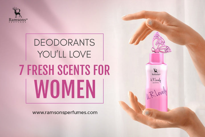 Image for Ramsons Perfumes showcasing 'U.R.Lovely' deodorant, featuring 7 fresh scents for women in a pink design.