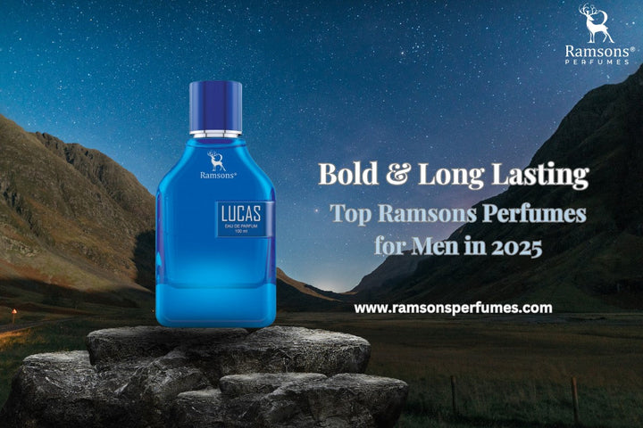 Blue Ramsons Lucas bottle on a rock under starry sky promoting bold, long lasting perfume for men in 2025. 