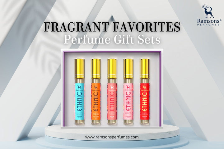 Ramsons Ethnic perfume gift set with five colorful bottles on a modern display, showcasing fragrance variety and elegance