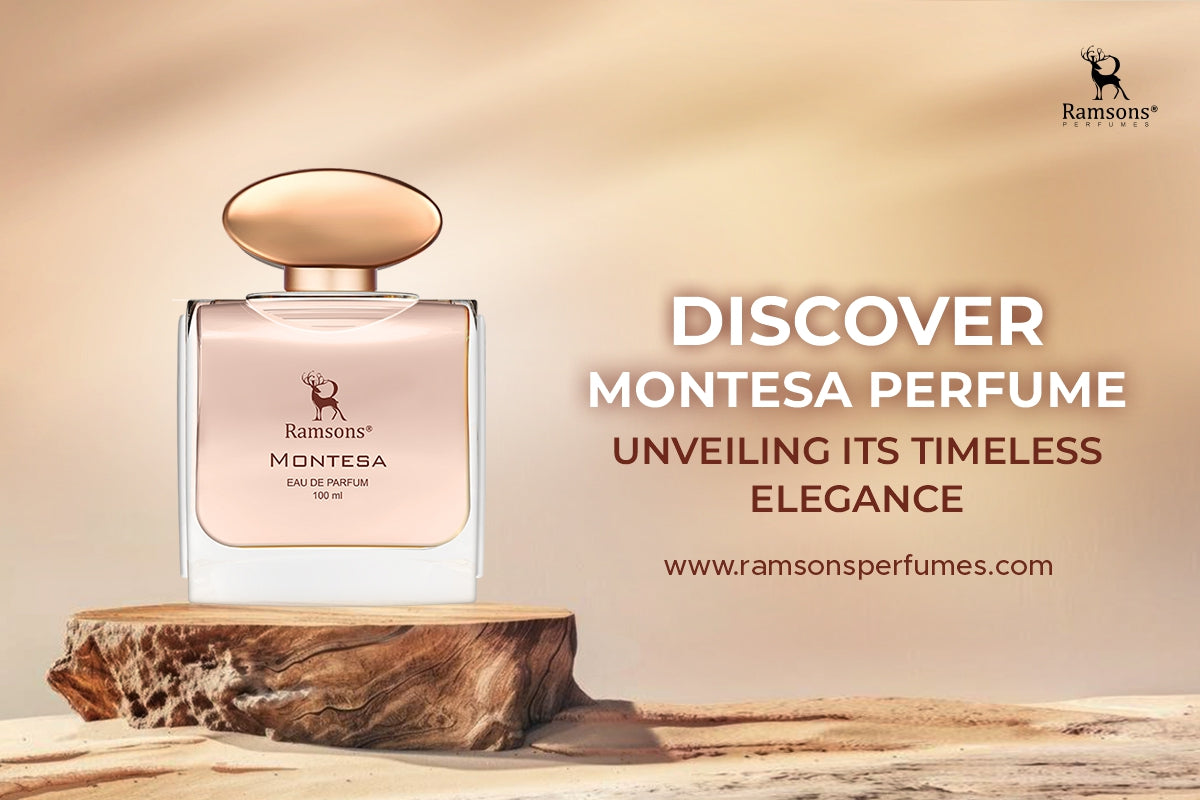 Ramsons Montesa Perfume bottle on a wooden surface with a beige gradient background, highlighting its timeless elegance