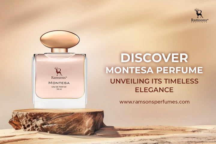 Ramsons Montesa Perfume bottle on a wooden surface with a beige gradient background, highlighting its timeless elegance